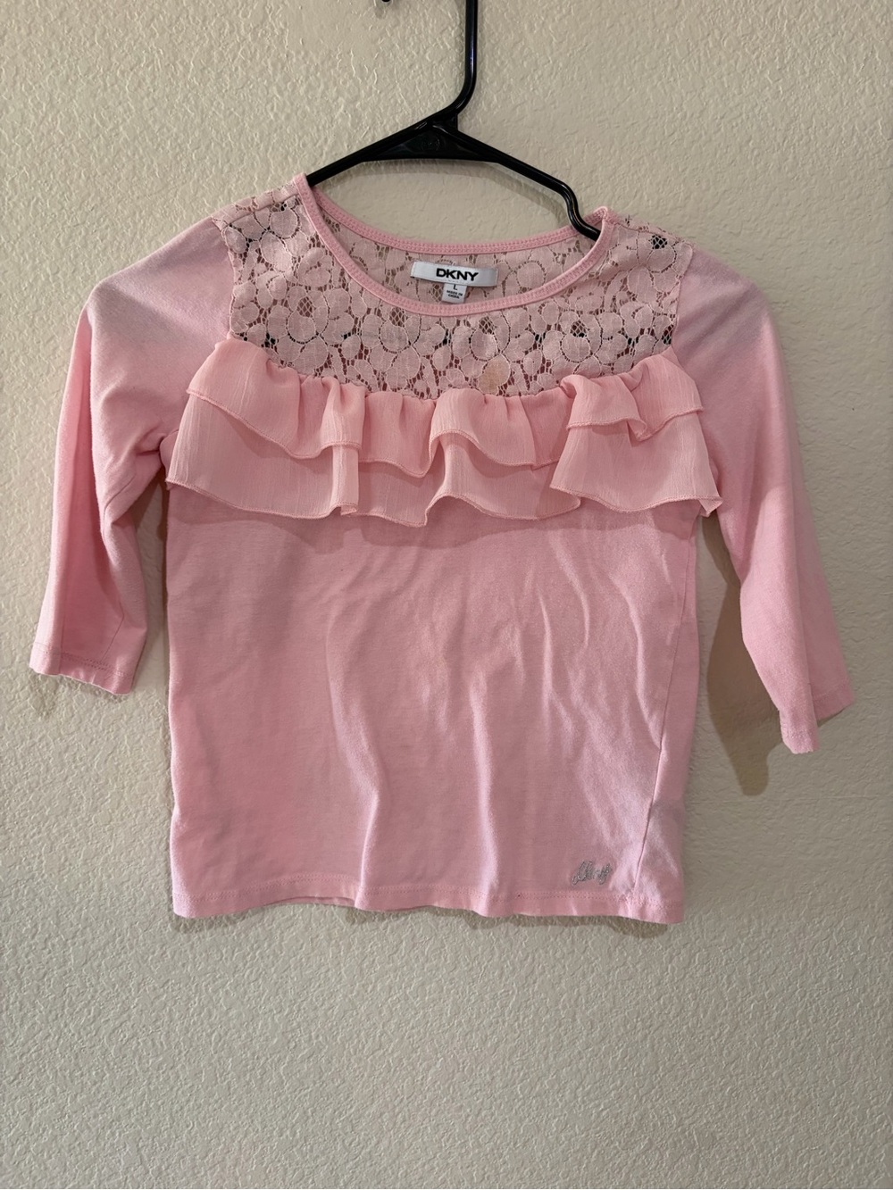 DKNY Girls' Pink Lace & Ruffle Top